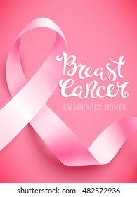 Realistic pink ribbon, breast cancer awareness symbol, vector illustration