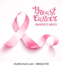 Realistic pink ribbon, breast cancer awareness symbol, isolated on white. Vector illustration.