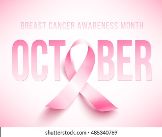 Realistic pink ribbon, breast cancer awareness symbol, vector illustration