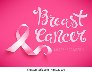 Realistic pink ribbon, breast cancer awareness symbol, vector illustration