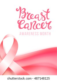 Realistic pink ribbon, breast cancer awareness symbol, vector illustration