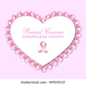 Realistic pink ribbon, breast cancer awareness symbol, isolated on white. Vector illustration, eps10. Breast Cancer Awareness Ribbon Background.  Logo for poster. Message for women. Check yourself.