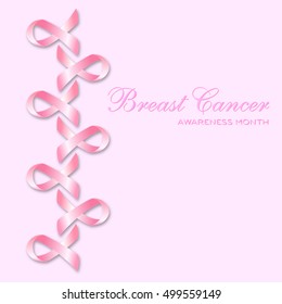 Realistic pink ribbon, breast cancer awareness symbol, isolated on white. Vector illustration, eps10. Breast Cancer Awareness Ribbon Background.  Logo for poster. Message for women. Check yourself.