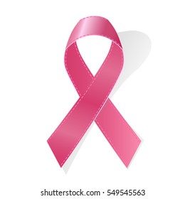 Realistic pink ribbon, breast cancer awareness symbol, isolated on white background