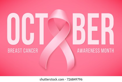 Realistic pink ribbon, breast cancer awareness symbol in october, vector illustration