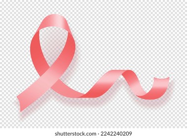 Realistic pink ribbon. Graphic element for website, symbol of awareness and international holiday, fight against breast cancer on copy space. Vector illustration isolated on transparent background