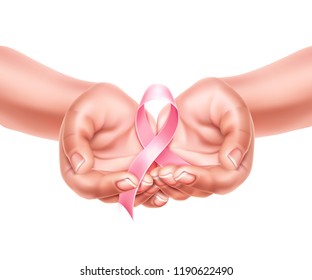 Realistic pink ribbon in hands cupped together. Breast cancer awareness poster, card design on isolated background. Women health care support symbol. female hope satin emblem. Vector illustration