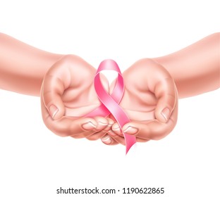 Realistic pink ribbon in hands cupped together. Breast cancer awareness poster, card design on isolated background. Women health care support symbol. female hope satin emblem. Vector illustration