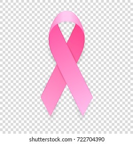 Realistic pink ribbon icon closeup isolated on transparent background, breast cancer awareness symbol. Design template, stock vector illustration, eps10