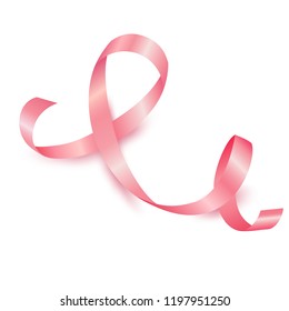 Realistic pink ribbon isolated on white background, symbol of october breast cancer awareness month. Vector illustration.