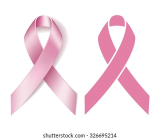 Realistic pink ribbon isolated on white. Breast cancer awareness symbol. Vector illustration.