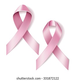 Realistic pink ribbon isolated on white. Breast cancer awareness symbol. Vector illustration.