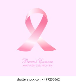 Realistic pink ribbon, isolated on white. Vector illustration, eps10. Breast Cancer Awareness Ribbon Background.  Logo for poster. Message for women. Check yourself.