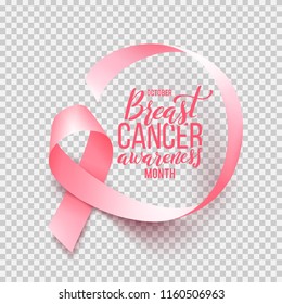 Realistic pink ribbon isolated over transparent background with handdrawn lettering. Symbol of breast cancer awareness month in october. Vector illustration.