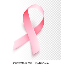 Realistic pink ribbon isolated over transparent background. Symbol of breast cancer awareness month in october. Vector illustration. eps10