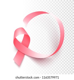 Realistic pink ribbon isolated over transparent background. Symbol of breast cancer awareness month in october. Vector illustration.