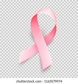 Realistic pink ribbon isolated over transparent background. Symbol of breast cancer awareness month in october. Vector illustration. eps10