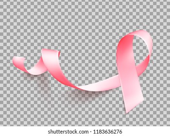 Realistic pink ribbon isolated over transparent background. Symbol of breast cancer awareness month in october. Template for poster. Vector illustration.