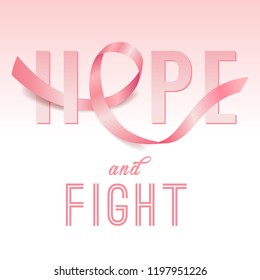 Realistic pink ribbon, october breast cancer awareness month. Banner, information poster design, template with symbol. Sign Hope and fight. Vector illustration.