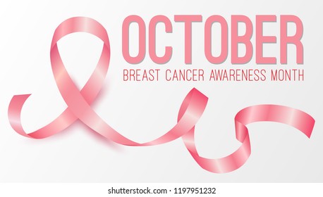 Realistic pink ribbon, october breast cancer awareness month. Banner, information poster design, template with symbol. Vector illustration.