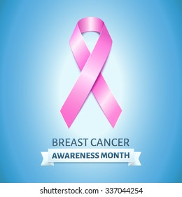 Realistic pink ribbon on blue, breast cancer awareness month symbol