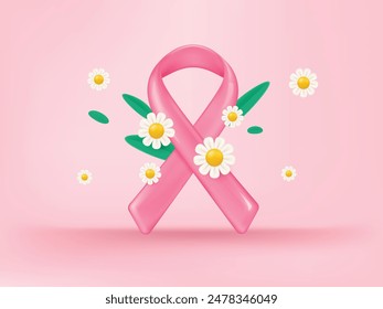 Realistic pink ribbon over pink background with shadow. World breast cancer awareness month in October with vector flower.