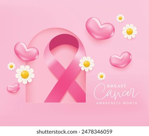 Realistic pink ribbon over pink background with shadow. World breast cancer awareness month in October with vector flower.