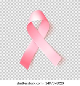 Realistic pink ribbon over transparent background with shadow. Symbol of national breast canser awareness month in october. Vector illustration.