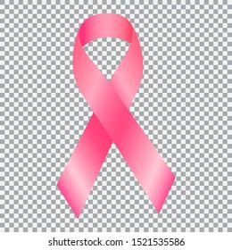 Realistic pink ribbon over transparent background with shadow. Symbol of national breast canser awareness month in october. Vector illustration.