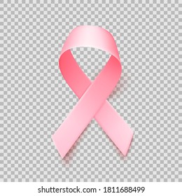 Realistic pink ribbon over transparent background with shadow. Symbol of national breast canser awareness month in october. Vector illustration.