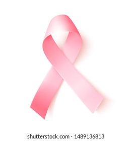 Realistic pink ribbon over white background with shadow. Symbol of world breast cancer awareness month in october. Vector illustration.