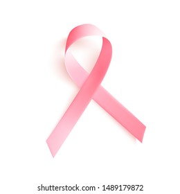 Realistic pink ribbon over white background with shadow. Symbol of world breast canser awareness month in october. Vector illustration.