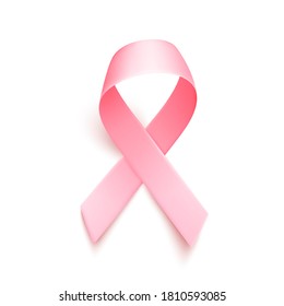 Realistic pink ribbon over white background with shadow. Symbol of national breast canser awareness month in october. Vector illustration.