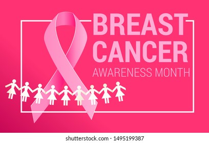 Realistic pink ribbon with a paper garland of women together as help and support symbol. October National Breast Cancer Awareness Month symbol.