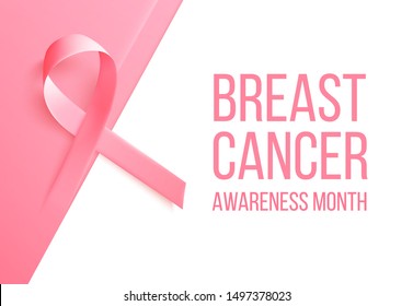 Realistic pink ribbon. Poster with symbol of national breast canser awareness month in october. Vector illustration.