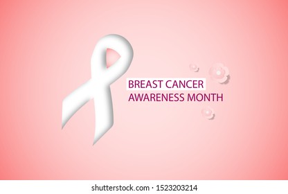 Realistic pink ribbon with shadow in paper cut craft style design on pink background. Symbol of national breast cancer awareness month in october. Vector illustration.
