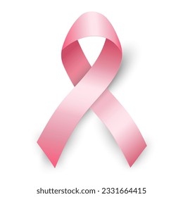 Realistic pink ribbon shiny satin with shadow. Symbol of national breast cancer awareness month in october. Vector illustration isolated on white background.