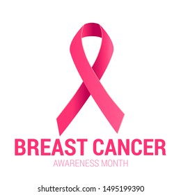 Realistic pink ribbon symbol. October National Breast Cancer Awareness Month symbol.