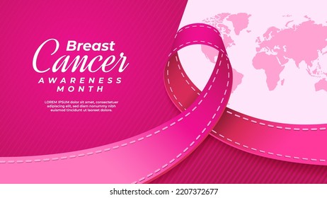 Realistic Pink Ribbon and World Map in Breast Cancer Awareness Month