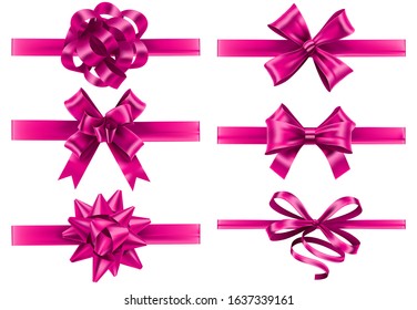 Realistic pink ribbons with bows. Festive wrapping bow, pinks silk ribbon and valentines day gifts decoration vector set. Bundle of decorative silk tapes for present packaging. Set of tied strips.