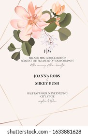 Realistic pink Rose flower with greenery leaves, spring vector wedding card with gold frame elements, greeting invitation template. Summer Blossom, watercolor illustration on beige background.