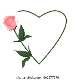 Realistic pink rose, romantic frame, heart