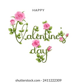 A realistic pink roses and vines, creating a Valentine's Day lettering. The beautiful flowers on a white background offer a vintage touch, perfect for greeting cards or decorative banners. Not AI.