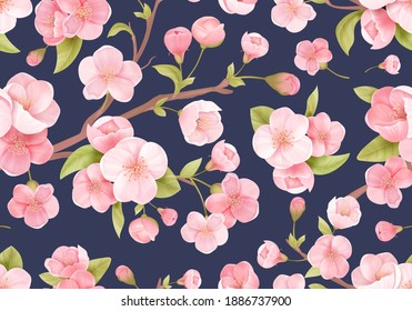 Realistic pink Sakura blossom seamless background. Japanese flowering cherry exotic texture. Spring flowers, leaves pattern for wedding backdrop, textile, fabric