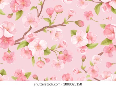 Realistic pink Sakura blossom seamless background. Japanese flowering cherry exotic texture. Spring flowers, leaves pattern for wedding backdrop, textile, fabric