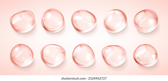 Realistas gotas de soro rosa. Gotas líquidas, soro, gel ou colágeno. Bolhas transparentes de cuidados da pele. Manchas de hidratação cosmética para cuidados com a pele. Produto de beleza. Vetor realista