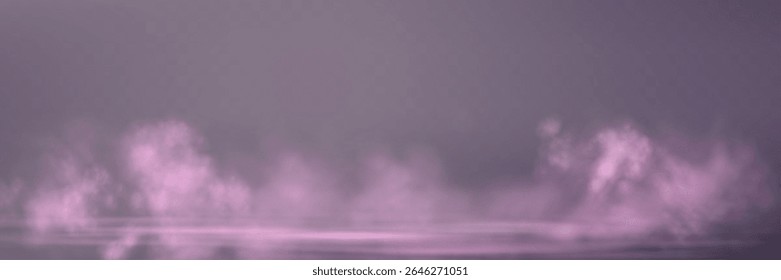 Realistic pink smoke or haze, overlay effect on a pink transparent background. Water surface, magic fog, vapor on floor, mystery light steam. Abstract vector illustration.