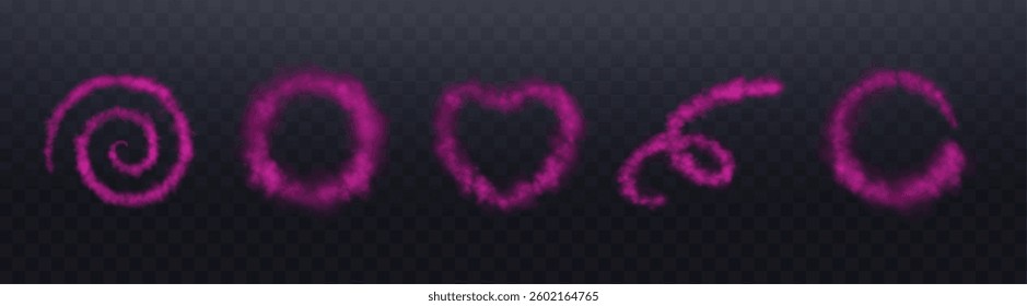 Realistic pink smoke shapes rings. Spiral smoke or haze, overlay effect on a transparent background. Circular magic fog, vapor. Abstract vector illustration