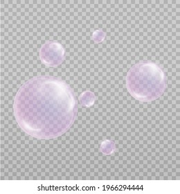 Realistic pink soap bubbles of soapy water. Design elements for washing powder, shampoo, skin cosmetics.
Isolated on a transparent background.