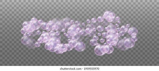 Realistic pink soap foam. Bubbles of soapy water. Design elements for washing powder, shampoo, skin cosmetics.
Isolated on a transparent background.